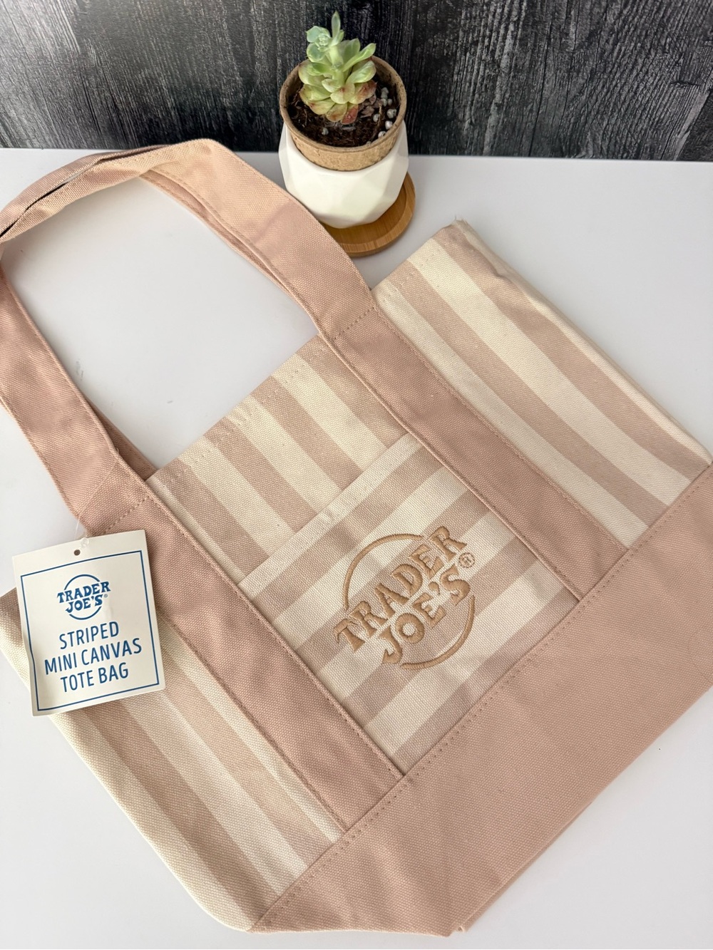 Trader Joe's Striped Mini Canvas Tote Bag - Light Brown & Cream